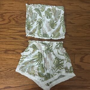 VINTAGE HAVANA SAGE KHAKI TROPICAL LEAF SMOCKED TUBE AND FRINGE SHORT SET